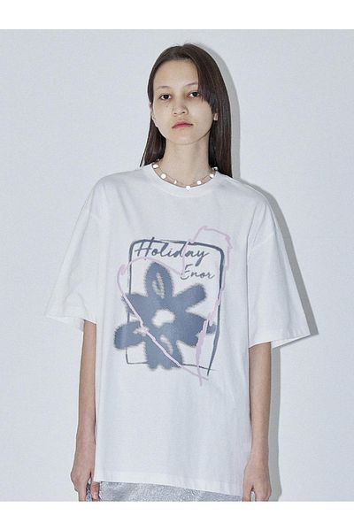 ELNOYA Unisex Cotton White Oversize "Holiday" Printed Crew Neck Casual T-Shirt