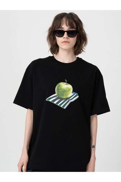 ELNOYA Unisex Cotton Black Oversize "Green Apple" Printed Crew Neck Casual T-Shirt