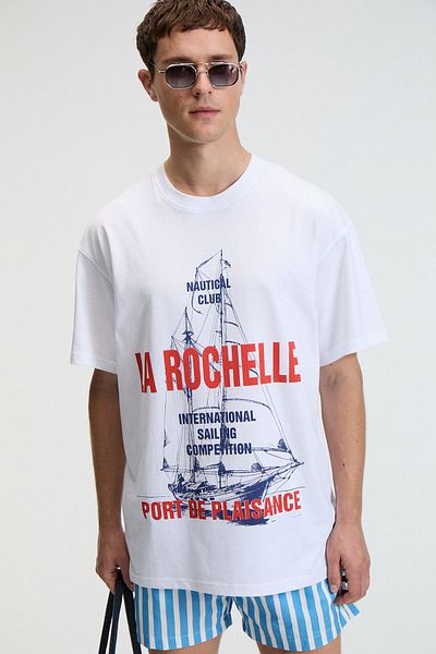 GRIMELANGE Crunch Men's Oversize 100% Cotton Printed Round Neck White T-Shirt