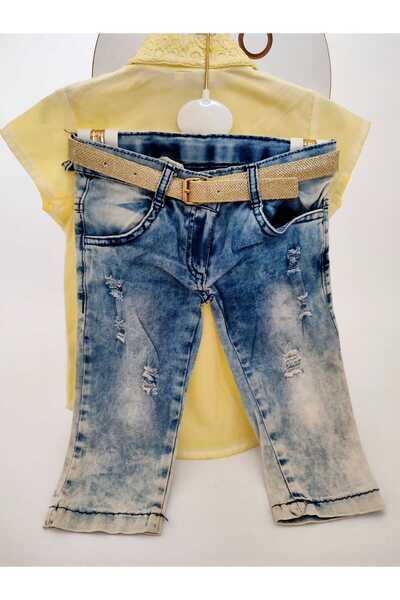 GAMZEAKKUŞ Floral Laced Shirt, Vintage Jeans, Belt 3-Piece Girl's Set