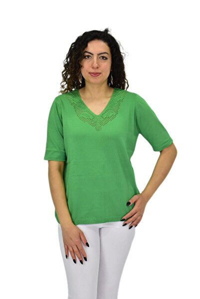 lavella Kadın Yarım Kol V Yaka Yaka Sırt Detaylı Triko Tişöt 12837 BGL-ST04658