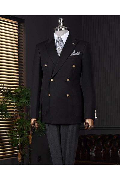TerziAdemAltun Italian Style Slim Fit Double Breasted Men's Single Jacket Black T13935