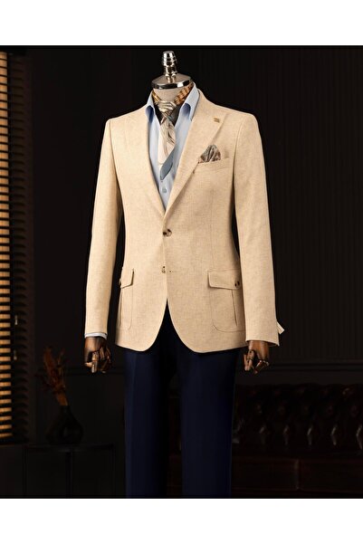 TerziAdemAltun Italian Style Slim Fit Pointed Collar Men's Single Jacket Beige T13932