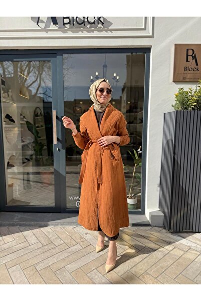MissWhence Dikiş Detaylı Cepli Keten Kap Tarçın