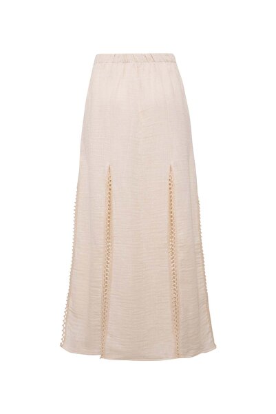 Le Monade Dreams Keten Dokulu Kenar Detaylı Yırtmaçlı Ekru Etek