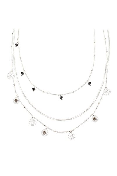 Sprise Colier Lant Triplu de Culoare Argintie cu Pietre Negre