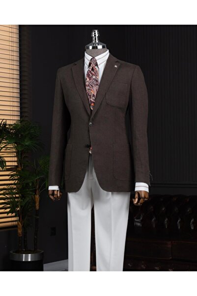 TerziAdemAltun Ανδρικό μπουφάν με μονό γιακά ιταλικού στυλ καφέ T13787