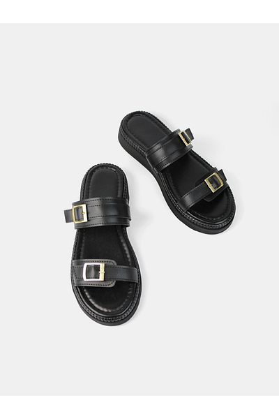 MAGGIO Black Women's Comfortable Sole Double Gold Color Buckle Slippers