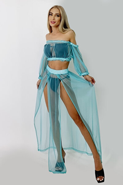 FashionForYou Naila beach set, made of mesh, with skirt and short top, Turquoise
