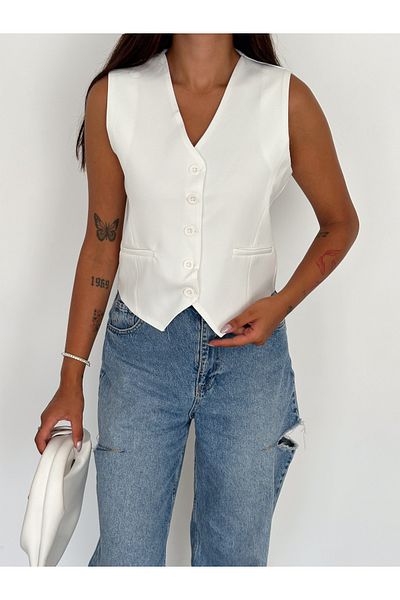 diaves Women's White Body Fitting Woven Fabric Lined V-Neck Short Vest