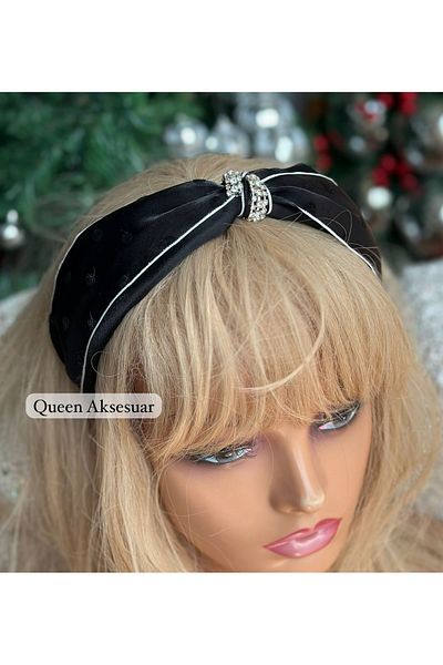 QUEEN AKSESUAR Luxury Design Metal Stone Buckle Polka Dot Satin Tulle Women Knot Crown Black White Piping Wide Crown