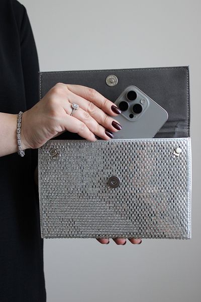 Mimoza Women's Silver Evening Dress Clutch Bag – Envelope Form, Stone Detail, Long Strap