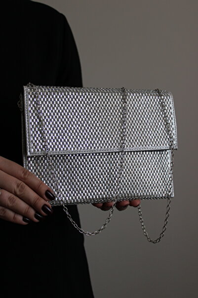 Mimoza Women's Silver Evening Dress Clutch Bag – Envelope Form, Stone Detail, Long Strap