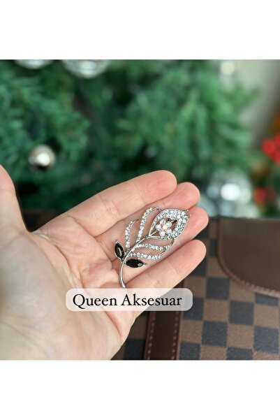 QUEEN AKSESUAR Lüks gümüş Renk kristal Taşlı Yaprak model Broş 6cm şal eşarp ...