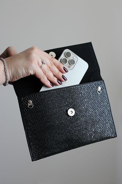 Mimoza Women's Black Evening Dress Clutch Bag – Envelope Form, Stone Detail, Long Strap