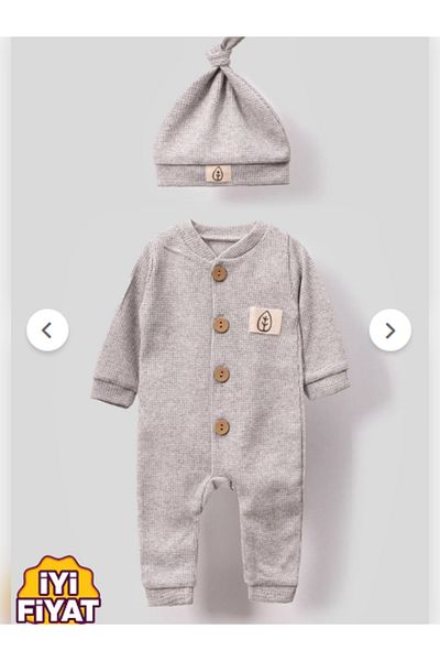 EHY GROUP Unisex Wooden Button Visual Hat Waffle Stylish Baby Jumpsuit-Grey
