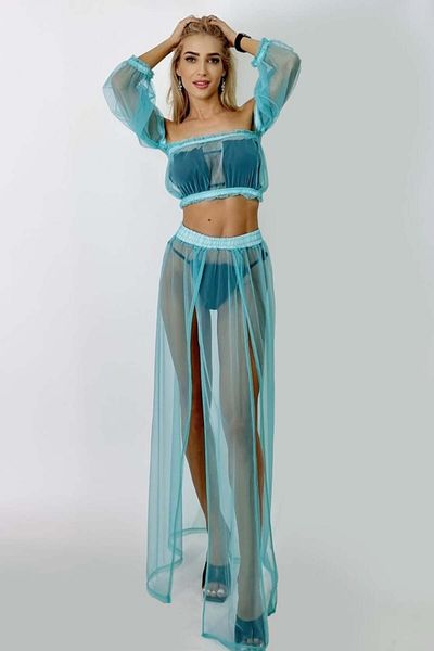 FashionForYou Naila beach set, made of mesh, with skirt and short top, Turquoise, One Size S/M