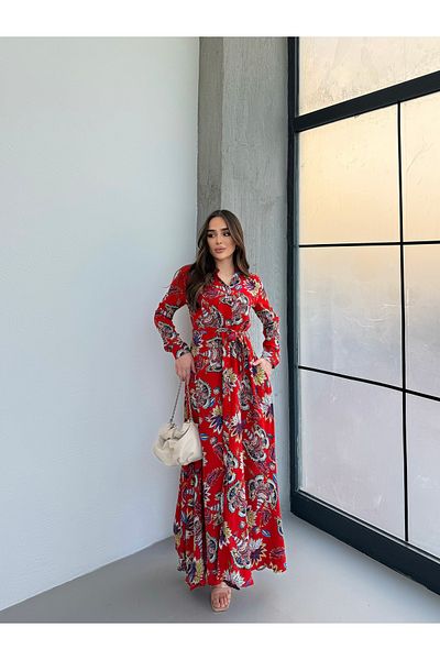 Att Attstil Full Length Red Floor Length Lily Pattern Button Dress