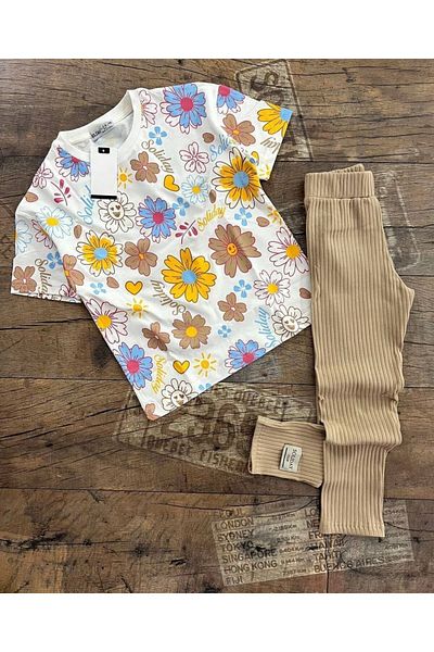 AyCaTa Floral Pattern T-Shirt Ribbed Leggings Girl's Set