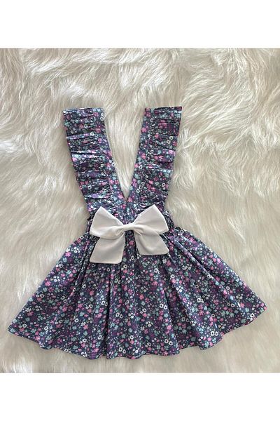 Eylülce Butik Girl's Purple Flowered Bow Ruffle Strap Salopet Dress (Made from 100% Cotton Fabric.)