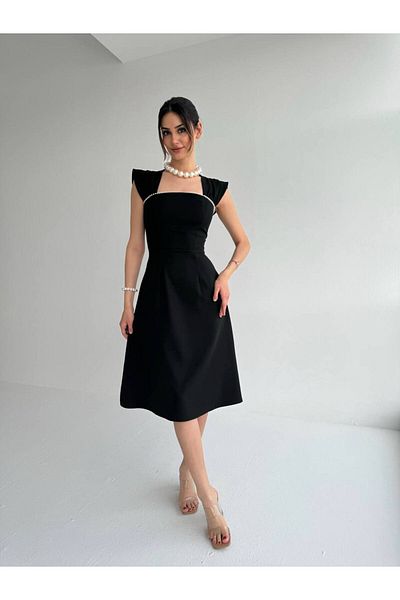 Masspera Strappy Square Neck Pearl Detail Design Midi Dress