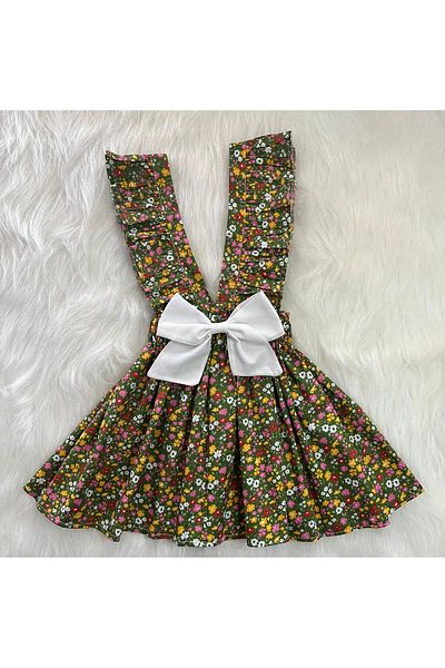 Eylülce Butik Girl's Grass Green Flowered Ruffle Strap Salopet Dress (Made from 100% Cotton Fabric.)