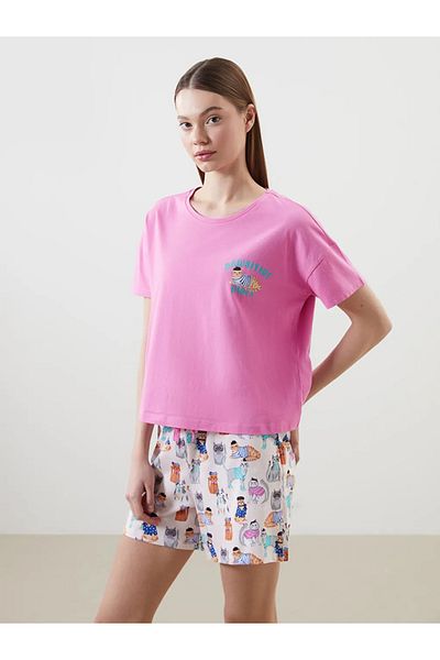 LC Waikiki Set de pijamale pentru femei LCW DREAM, roz, cu decolteu, cu imprimeu