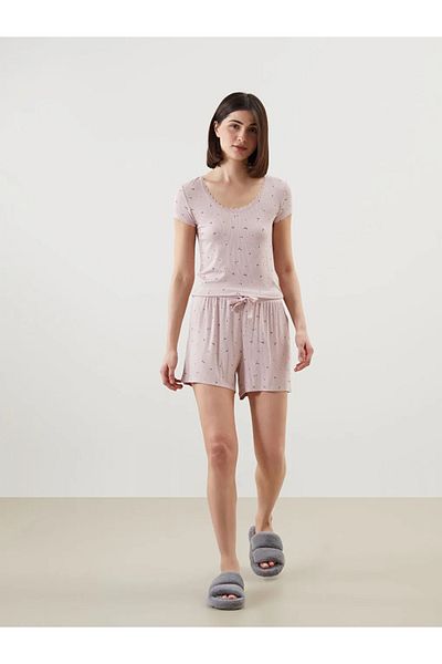 LC Waikiki Costum de pijama pentru femei LCW DREAM roz cu decolteu în U cu flori