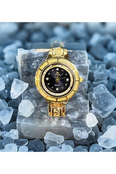 MR Gold Watch with Zircon Stone Patterned Black Dial