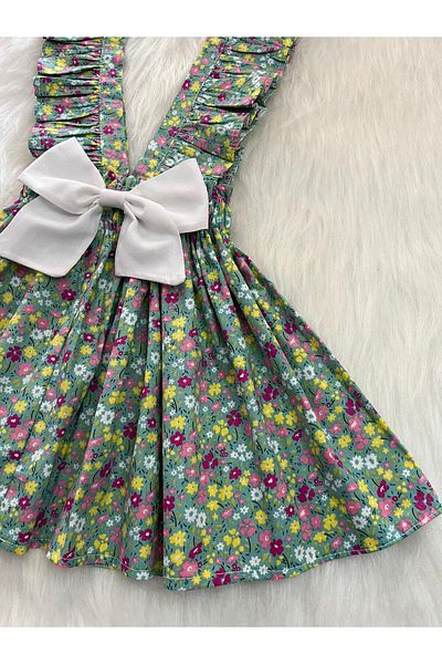 Eylülce Butik Girl's Mint Green Flowered Ruffle Strap Salopet Dress (Made from 100% Cotton Fabric.)