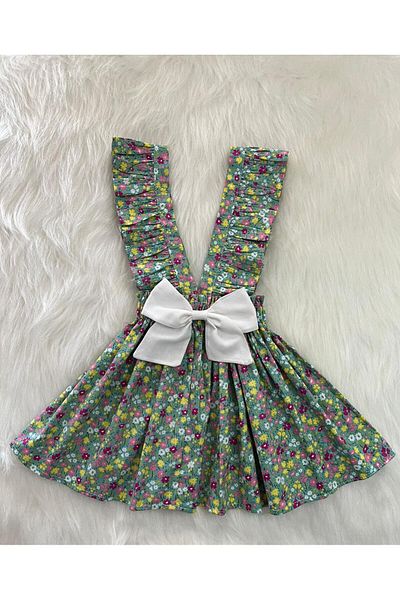 Eylülce Butik Girl's Mint Green Flowered Ruffle Strap Salopet Dress (Made from 100% Cotton Fabric.)