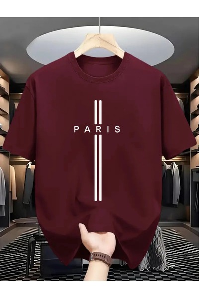 PALPİTO Men's Burgundy Two Stripes Paris Printed Oversize T-Shirt