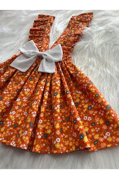 Eylülce Butik Girl's Orange Flowered Bow Ruffle Strap Salopet Dress (Made from 100% Cotton Fabric.)