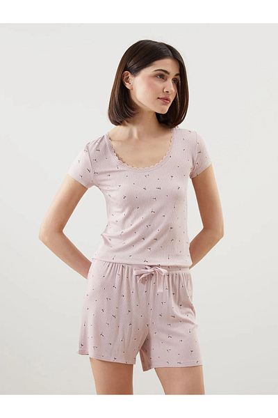 LC Waikiki Costum de pijama pentru femei LCW DREAM roz cu decolteu în U cu flori