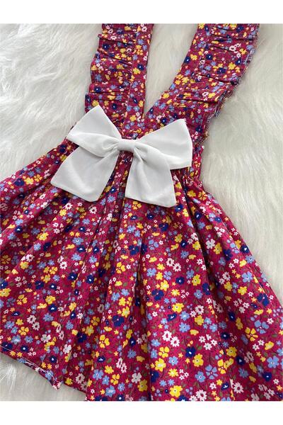 Eylülce Butik Κοριτσίστικο μπορντό φλοράλ φιόγκο με λουράκι Salopet φόρεμα (ΠΑΡΑΣΚΕΥΑΣΜΕΝΟ ΑΠΟ 100% ΒΑΜΒΑΚΙ.)