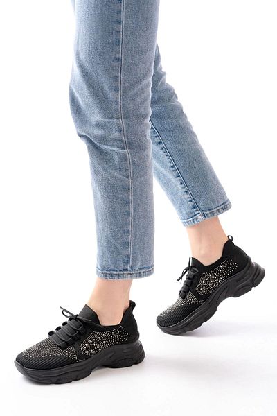 TB Terzi Bey 3002 Black Lace-Up Mesh Casual Sports Shoes with Stone Accessories