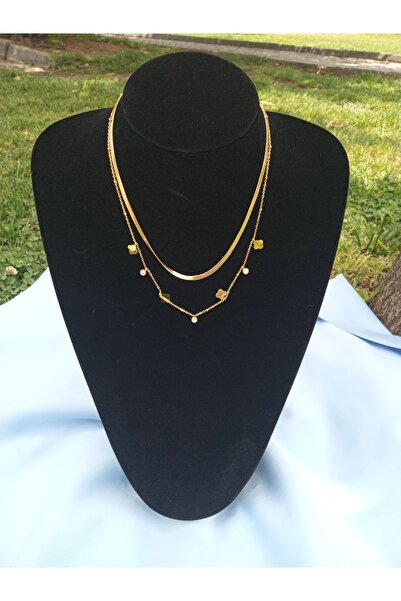 Özman Butik Altın Renkli İkili Kolye – Yonca ve İnci Detaylı 316L Paslanmaz Ç...