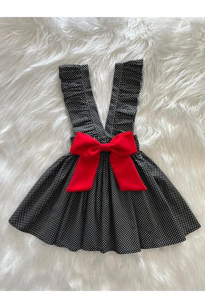 Eylülce Butik Girl's Black and White Polka Dots Red Bow Ruffle Strap Salopet Dress (100% Cotton Fabric)