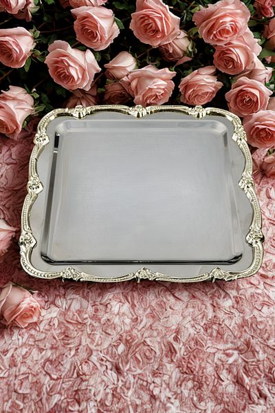 Yaren Style Luxury Rose Figured Stainless Steel Tea, Coffee, Cake, Presentation Tray – Non-Tarnishing Elegance