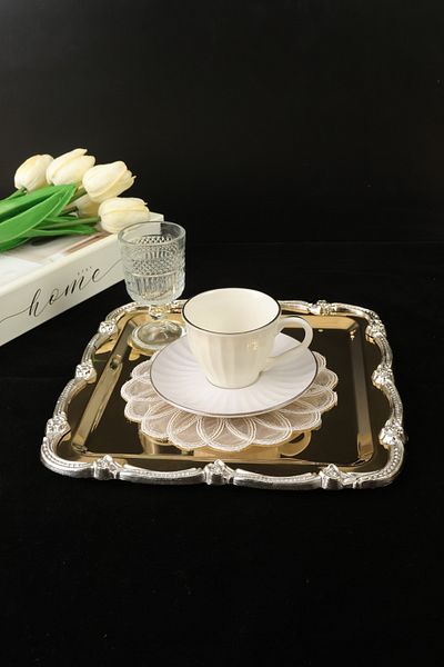 Yaren Style Luxury Rose Figured Stainless Steel Tea, Coffee, Cake, Presentation Tray – Non-Tarnishing Elegance