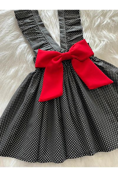 Eylülce Butik Girl's Black and White Polka Dots Red Bow Ruffle Strap Salopet Dress (100% Cotton Fabric)