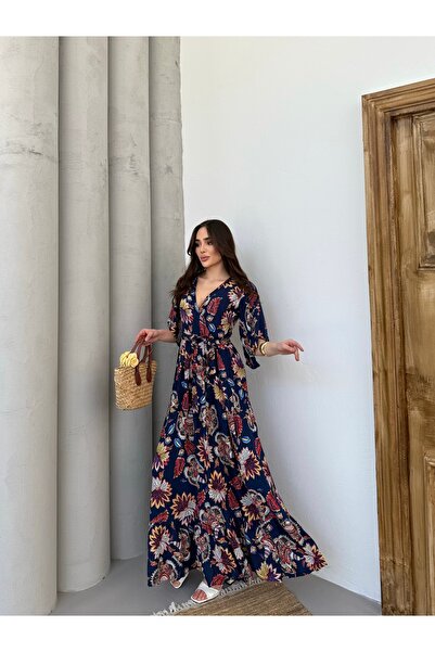 Att Attstil Navy Blue Floor-Length Lily Pattern Double Breasted Dress