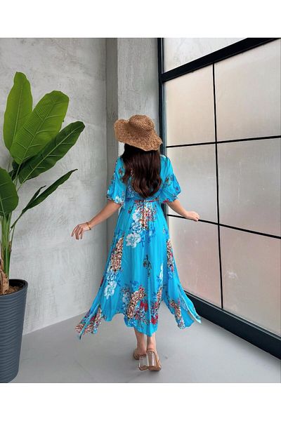 Att Attstil Blue Short Sleeve Buttoned Flower Pattern Dress