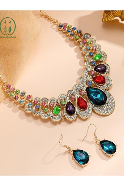Shisa Jewel 1set renkli Damla Şeklinde ve Değerli Taş Kolye Küpe Takı Seti(13)
