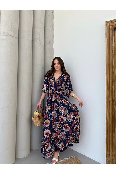 Att Attstil Navy Blue Floor-Length Lily Pattern Double Breasted Dress