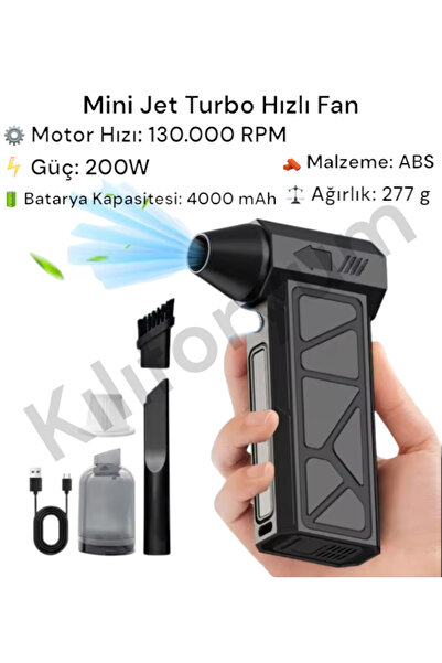Kılıforyum Mini Jet Fan Turbo Hızlı Fan 130000rpm Yüksek Hız Güç 200w Araç Iç...