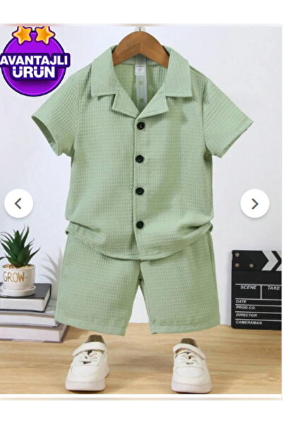 EHY GROUP Shirt Detailed Cotton Waffle Shorts Set-Green