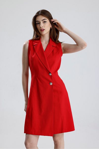Sense Lined Sleeveless Hurrem Long Jacket Dress |   Red-Red