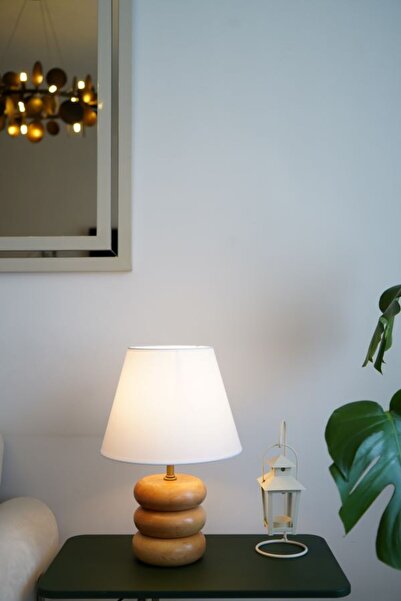 retro home design Doğal Ahşap Model Konik Beyaz Şapkalı Dekoratif Abajur Salo...