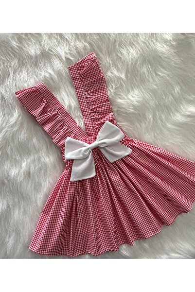 Eylülce Butik Girl's Red Porky White Bow Ruffle Strap Salopet Dress (100% Cotton Fabric)